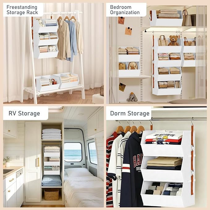 Hanging Closet Organizer Extra Large, Clothes Hanging Shelves for Closet with Divider, Collapsible Closet Storage System, Fabric Storage Bins for Home, Dorm, Rv, Sweaters, Handbags, Underwear, Sock