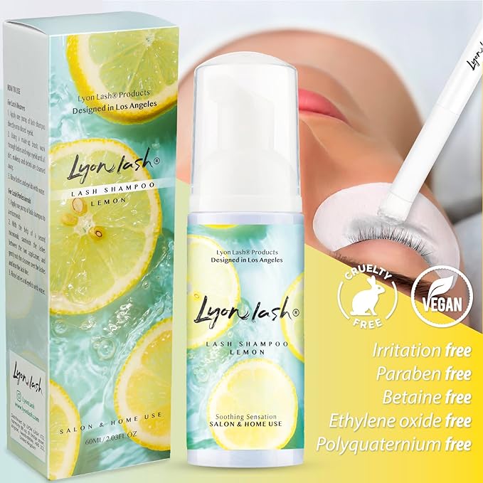 Lyon Lash Eyelash Extension Shampoo (Lemon), Oil Free Foam Cleanser Kit | Remove Eye Makeup & Oil & Dust | Professional Salon And Home Use (60ml + 1 mascara wand + 1 cleansing brush)