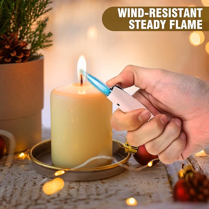 Women's Mini Butane Torch Lighter, Windproof Jet Flame Refillable Adjustable Candle Lighter for BBQ, Camping, Daily Use, Ideal Gift, 2 Pack (Light Pink, Butane Not Included)