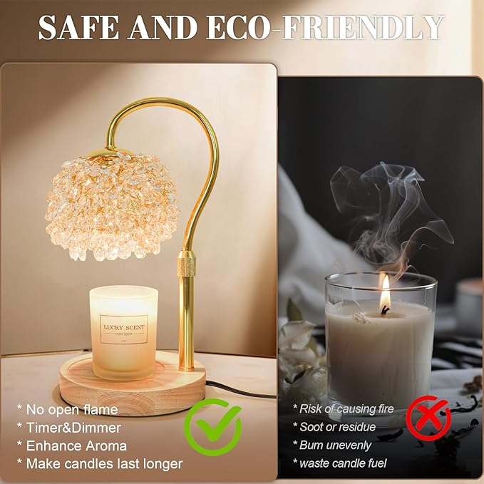 Hisummer Candle Warmer Lamp with Timer, Dimmable Candle Lamp Warmer with 312 K9 Crystals Adjustable Height Electric Candle Warmer for Women Gifts, Wax Warmer Lamp with 2 Bulbs for Jar Candles