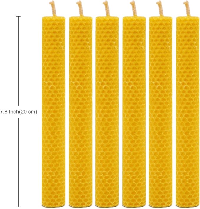 DEYBBY Handmade Beeswax Taper Candles, Dripless Wax Candles, Hand-Rolled Honeycomb Candles for Dinner Party, Set of 6 Flat Top（Brown Raw）