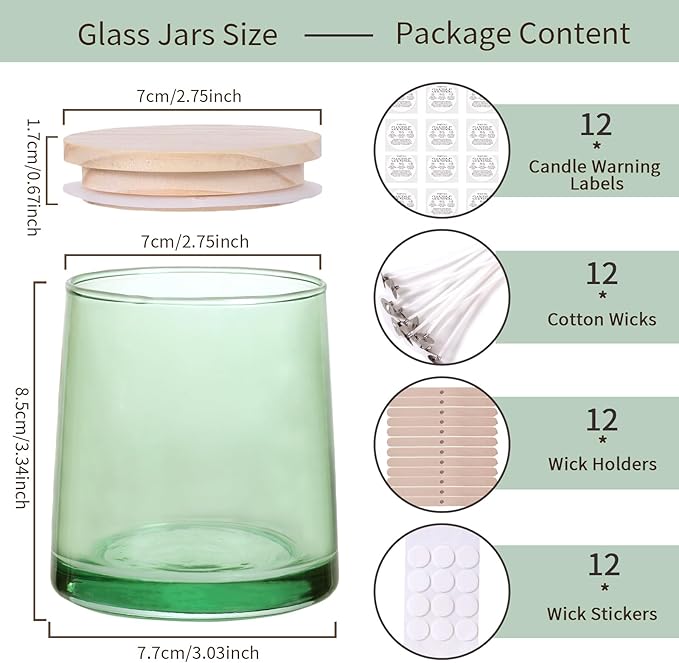 DARJEN 12 Pack Green Candle Jars for Making Candles- 9 OZ Empty Glass Candle Making Jars with Making Kits, Candle Making Supplies Candle Containers for Home DIY & GIFS