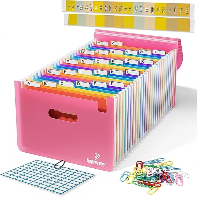 Accordion File Organizer, 26 Pockets Expanding Accordion Folder, A4 Letter Size Filing Organizer with Colorful Tabs, Elastic Cord, 60 Paper Clips, Labels & Stickers for Office (Pink)