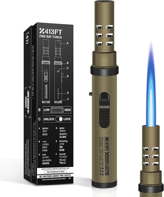 Camping Lighter, Torch Lighter, Windproof Jet Flame Butane Refillable Adjustable Flame with Safety Lock&Fule Guage for Campfires Kitchen Hiking Candles Fireplace BBQ Outdoor Camping Essentials(Brown)