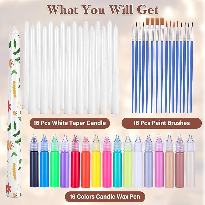 MTLEE 48 Pcs DIY Candle Painting Kit Include 16 White Taper Candles 16 Vibrant Colors Candle Wax Pen 16 Paint Brushes for DIY Crafts Festival Birthday Wedding Party Favors(9.8'')