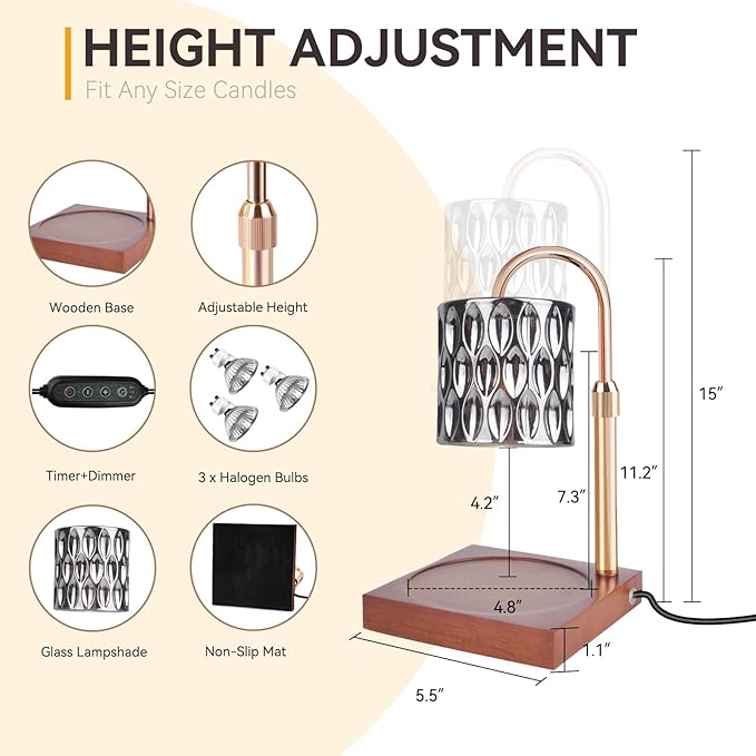 TOACSUCP Candle Warmer Lamp with 3 Bulbs, Adjustable Height Dimmable Candle Warmer with Timer, Compatible with Large Jar Candles, Candle Lamp with Charming Gift Box Ribbon for Her/Him
