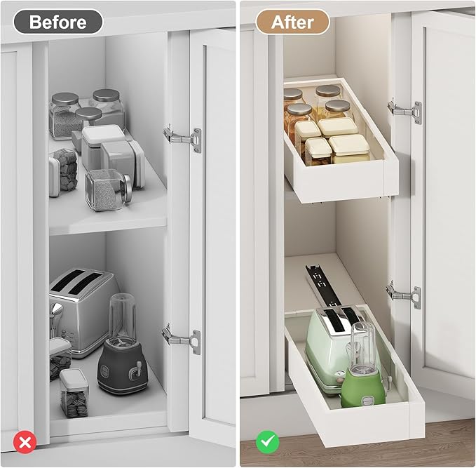 Pull out Cabinet Organizer,Expandable Width(7"-11"),Depth(17"-24"),Roll out Drawers,No Drill Adjustable Slide out Shelves for Kitchen,Pantry,for Both Lip and Lip-Free Cabinets,White(1PC)