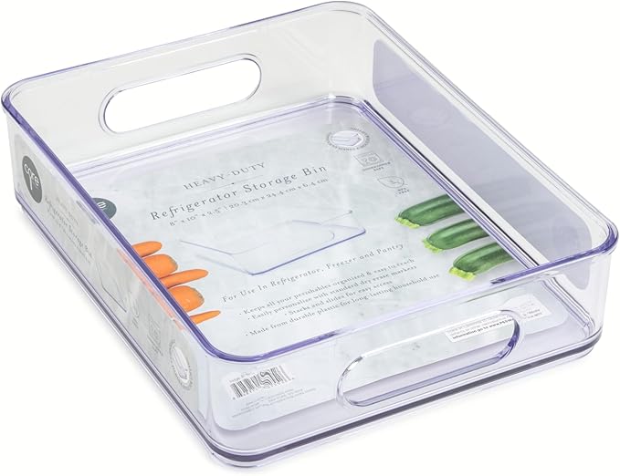 Core Kitchen Fridge Bin Refridgerator and Freezer Organizer with Handles - 10" L x 8" W x 2.5" H - Clear