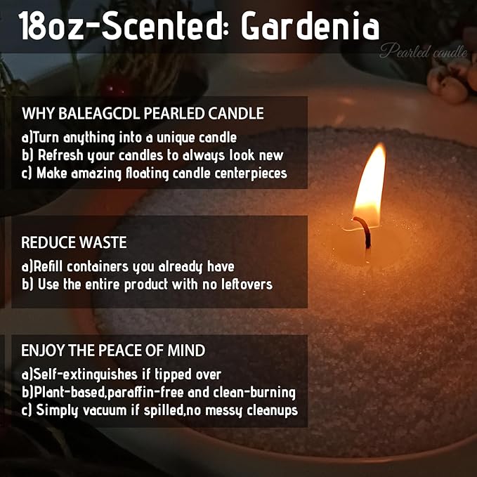 Pearled Candle 18 Oz with 30 Wicks - Gardenia Scented Sand Candles White Refillable Wax Lasts up to 120 Hours - Smooth and Clean Burning for Candle Making