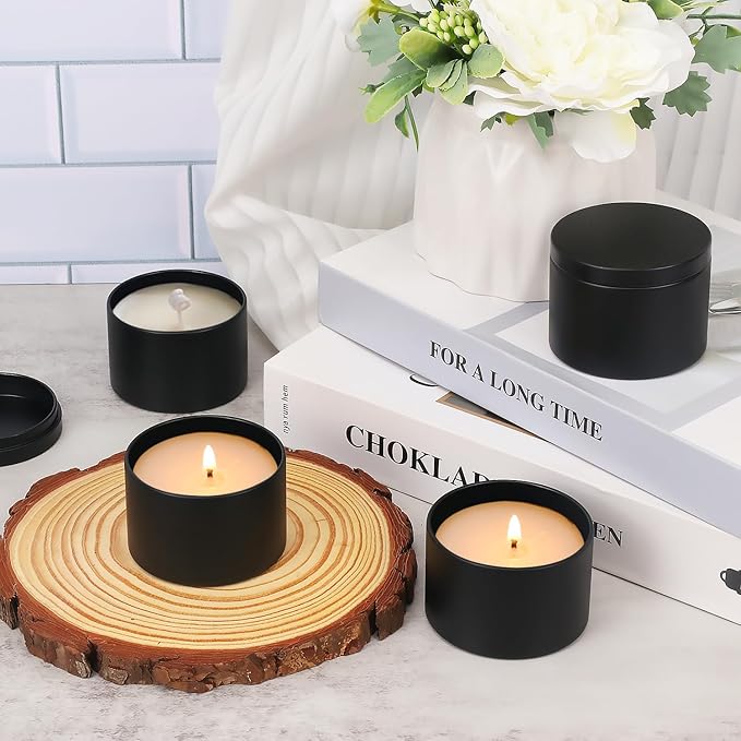 48 Pack 4 oz Black Metal Candle Tins with Lids, Round Bulk Metal Candle Jar, Matte Finish, for DIY Candle Making and Storage