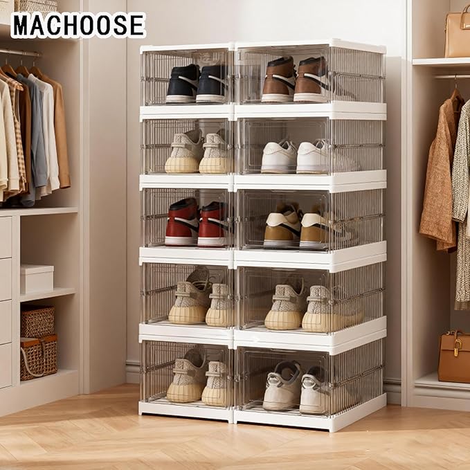 Shoe Storage Organizer Box Foldable Collapsible Stackable Shoe Rack Bins, Fit Size 12, No Assembly, for Men and Women