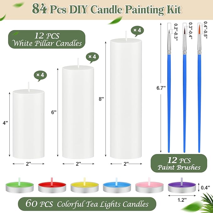 MTLEE 84 Pcs DIY Candle Painting Kit Include 12 White Pillar Candles 60 Colored Tealight 12 Paint Brushes for DIY Crafts Birthday Wedding Party Centerpiece(2"x4", 2"x6", 2"x8")