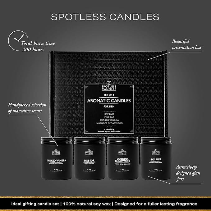 Scented Candles for Men - 200 Hours Burn Time in Gift Box & Protective Shipper - Men Candle Set x 4 - Cedarwood & Lavender/Bay Rum/Pine Tar/Smoke & Vanilla - Spotless Leopard