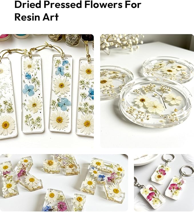 Dried Flowers, Resiners 100Pcs Pressed Flowers for Craft Whtie Real Natural Dried Flowers Dry Leaves Kit for DIY Making Crafts Resin Soap Candle Scrapbook Supplies Card Making Jewelry
