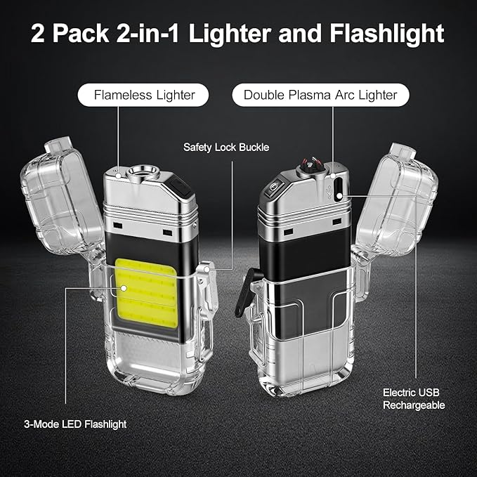 2 Pack Waterproof Lighter of 3 Modes Windproof Flashlight, Dual Arc Plasma Lighter, Flameless, Electric USB Rechargeable for Camping, Hiking, Outdoor Survival Gifts for Men