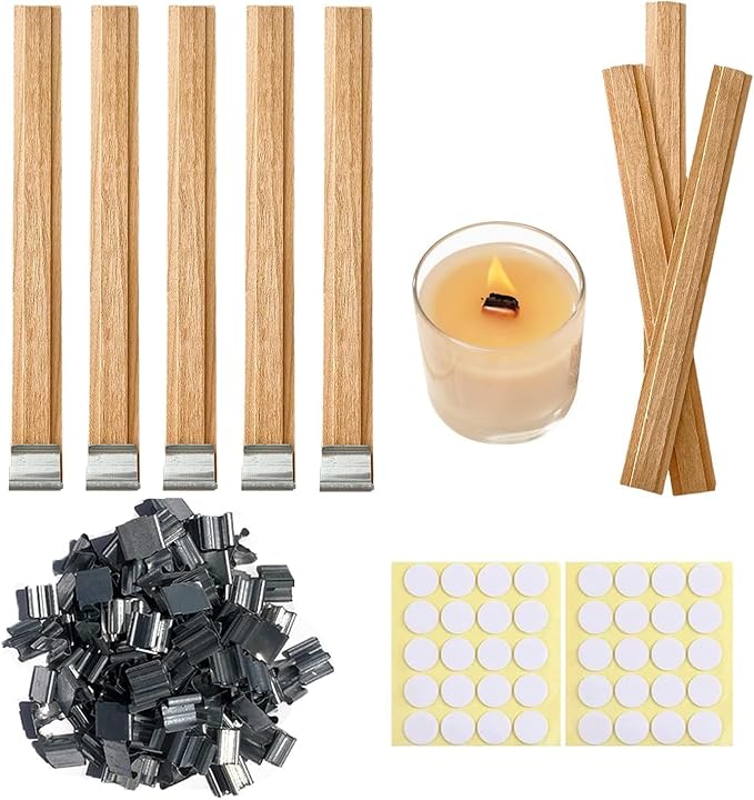 200 Sets Double-Layered Wooden Candle Wicks and Stands 5.1 X 0.5 Inch Natural Candle Wood Wicks Wooden Wicks Wood Wicks for Candles Making,Wooden Candle Wick with Base and Stickers