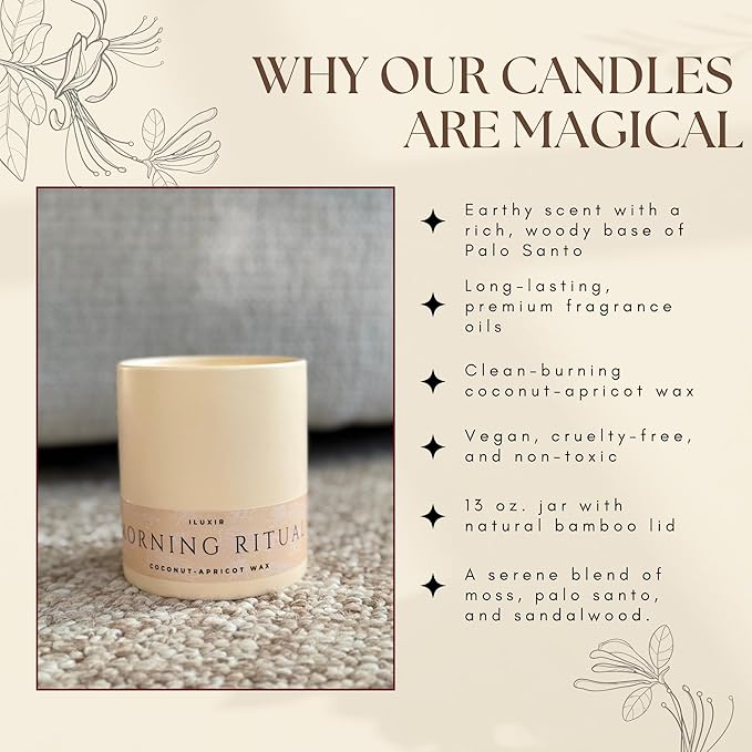Morning Ritual Scented Candle – Earthy Moss, Palo Santo & Sandalwood, Perfect for Slow Mornings, Meditation, Yoga & Relaxation – Vegan & Phthalate-Free – 13 oz with Bamboo Lid