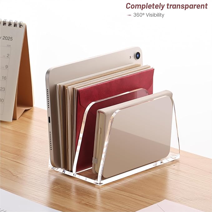 SANRUI Acrylic Mail Organizer for Desk Vertical Letter Holder Clear Bookshelf 2-Slots, Small File Sorter for Bills, Envelopes, Office Supplies, Upright Binder Divider for Home Office School