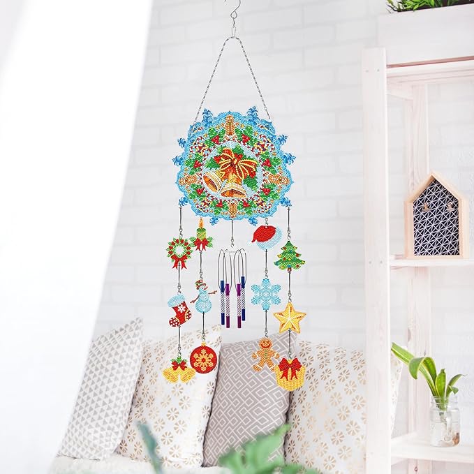 Christmas Bells Diamond Art Wind Chimes Hanging Pendant DIY Kits 5D Diamond Art Painting Christmas Wind Chime Hanging Ornament Double Sided Special Rhinestones Paint by Number Porch Tree Window Decor