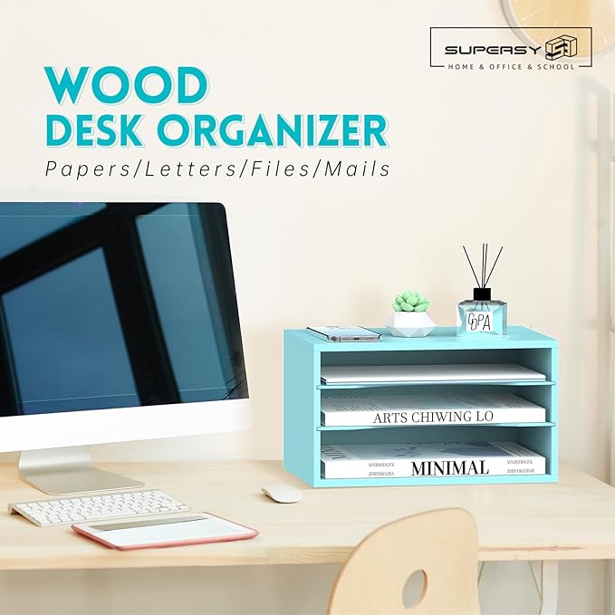 SUPEASY Wood Desk Organizer, 3 Tier Paper File Organizer for Desk, Wooden Desktop Organizer, Paper Letter Literature Mail Sorter, for Office School & Home Organization, Blue