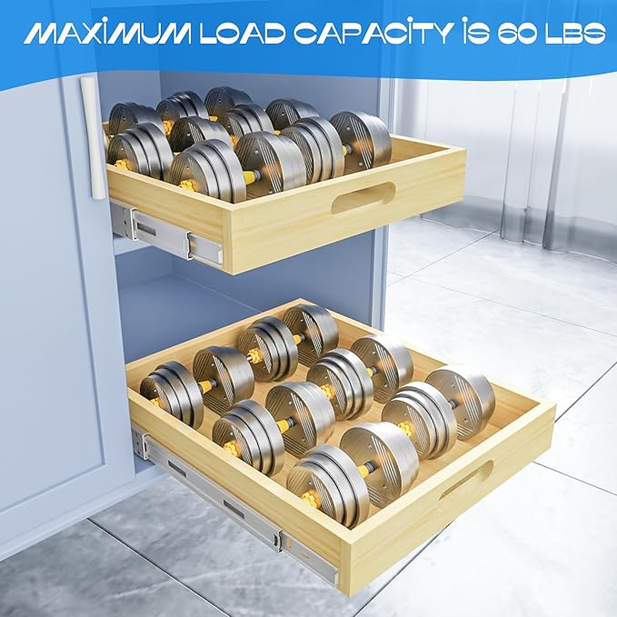 2 Set Pull Out Cabinet Organizer, Soft Close Slide Out Wood Drawer Storage Shelves for Kitchen, Base Cabinet Organization for Pantry, Finished, Heavy-Duty, Bottom Assembly (15” W x 21” D)