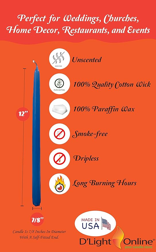 D'light Online 12" Elegant Seasonal Summer Assorted Colors Taper Candles - Vibrant Colors Unscented Candle Sticks, Hand-Dipped Tapered Candles Dripless and Smokeless - Set of 12 (12 Inch, Carnival)