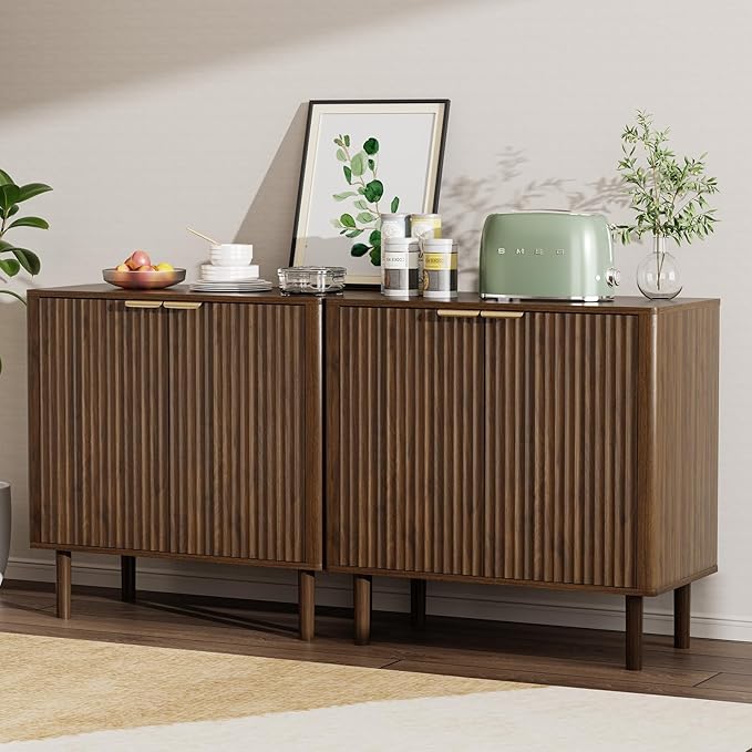 IKALIFE Sideboard Buffet Cabinet with Storage, Modern Fluted Accent Credenza with Doors & Adjustable Shelves, Wood Coffee Bar Console Table for Living Room, Dining Room, Entryway 31.5"(2pcs) Walnut