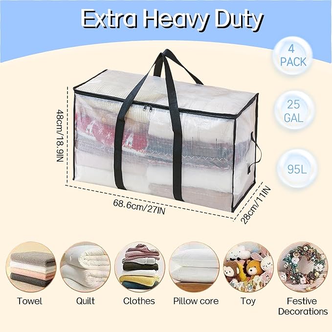 4 Pack 95L Large Capacity Heavy Duty Foldable Storage Bags - Handheld Totes with Double Zippers, Side Handles & ID Label Slot, Waterproof PP Fabric for Quilts, Clothes, Toys & Household Organizing