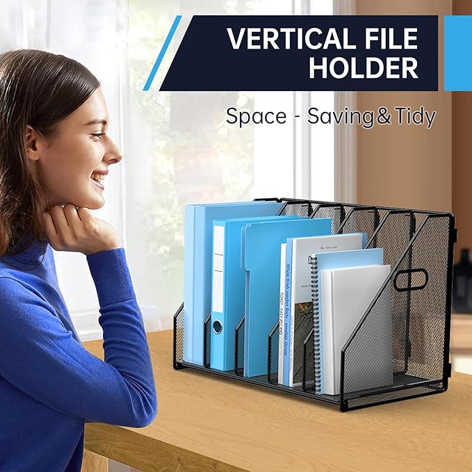 MINDEPOT Desk File Organizer Metal Desk Magazine Folder Holder with 5 Vertical Compartments Rack File Organizer for Office, Home, School, Black