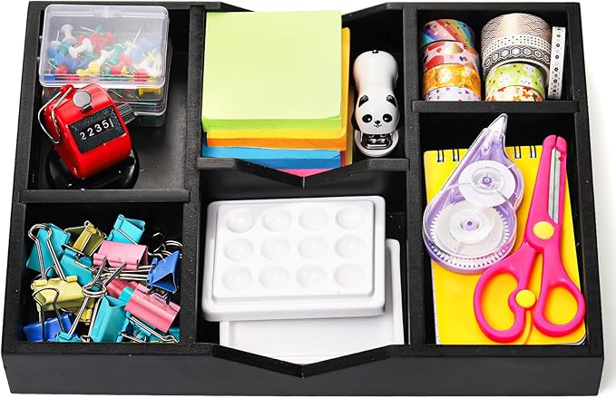 TOPZEA Wood Desk Drawer Organizer Tray, 6 Slot Junk Drawer Organizer with 2 Adjustable Divider Office Supplies Storage Organization for Desktop, Bathroom, Kitchen, Makeup, Vanity, Black