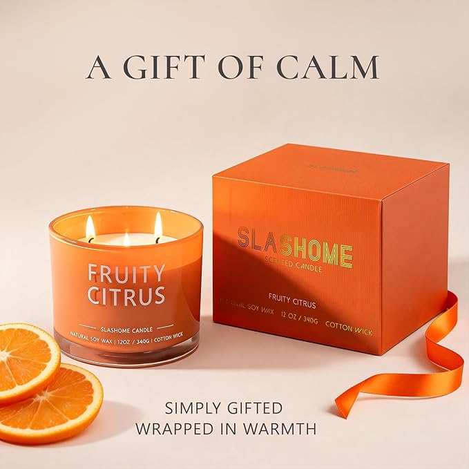 Fruity Citrus Scented Candle, Luxury Large 3 Wick Soy Candle 12 Oz, 60+ Hour Long Lasting Clean Burn, Elegant Aromatherapy Home Decor, Housewarming & Birthday Gift for Women & Men