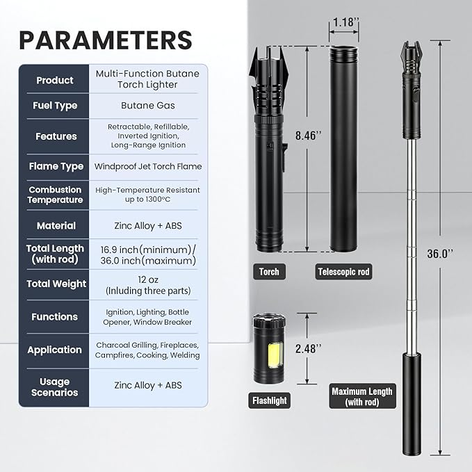 Windproof Torch Lighter, Long Camping Lighter Refillable Butane Gas - 4 in 1 Extendable Lightsaber Lighter with Safety Lock/Jet Flame Cool Lighters for Fireplace Campfires Outdoor Tool for Men