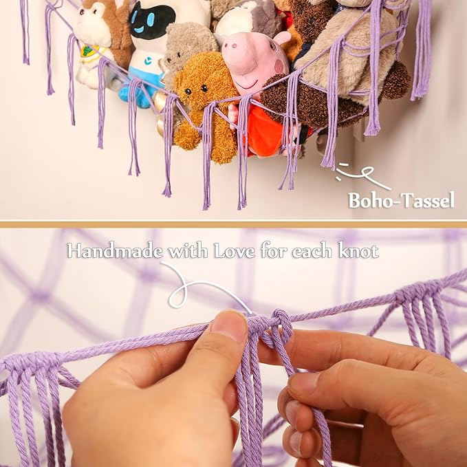 YKBU Stuffed Animals Hammock Corner Hanging Net for Macrame Stuffed Animal Storage Plush Toy Holder Toy Organizer for Boho Nursery Playroom Bedroom (purple, Large)