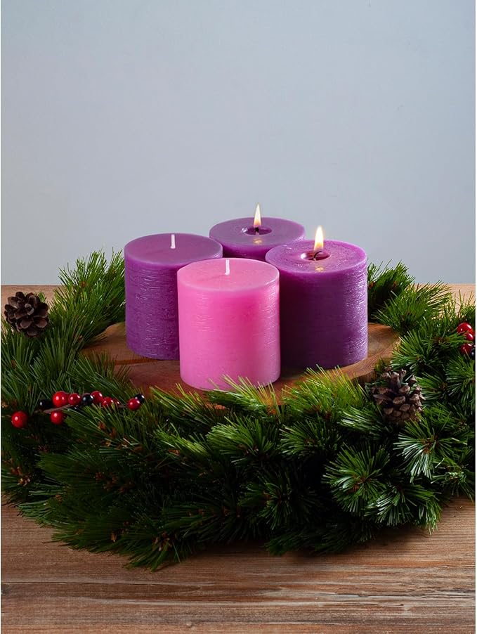 CANDWAX 3x3 Inch Advent Pillar Candles Set of 4 - Long Burning Dripless Unscented Pillar Candles - Rustic Style for Advent Wreaths, Christmas Décor - 3 Purple and 1 Pink Pillars