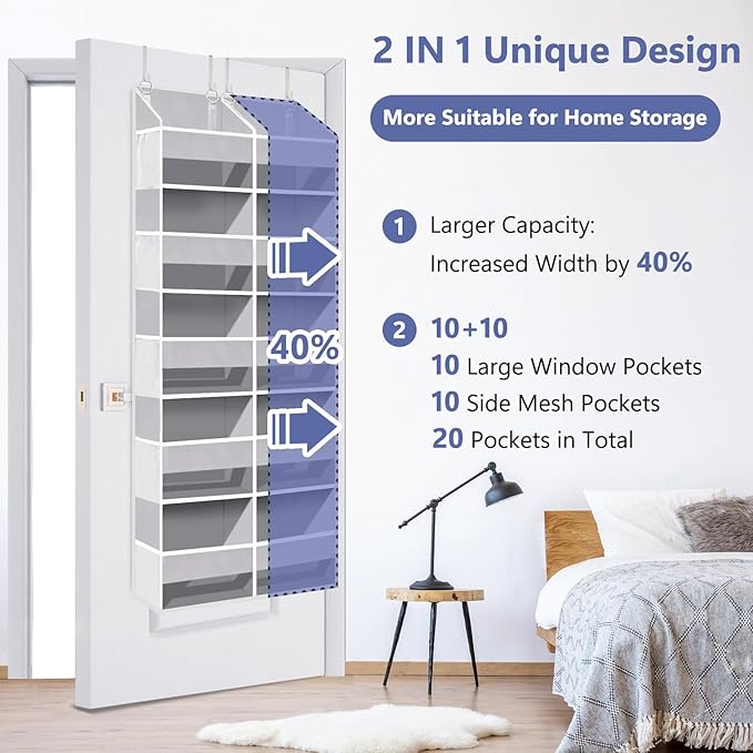 Heavy Duty Over The Door Organizer 5 Tiers, Extra Large Behind Door Storage of 10 Front & 10 Mesh Pockets, 80lb Weight Capacity, Hanging Doors Storage for Closet Bedroom Nursery, Light Gray