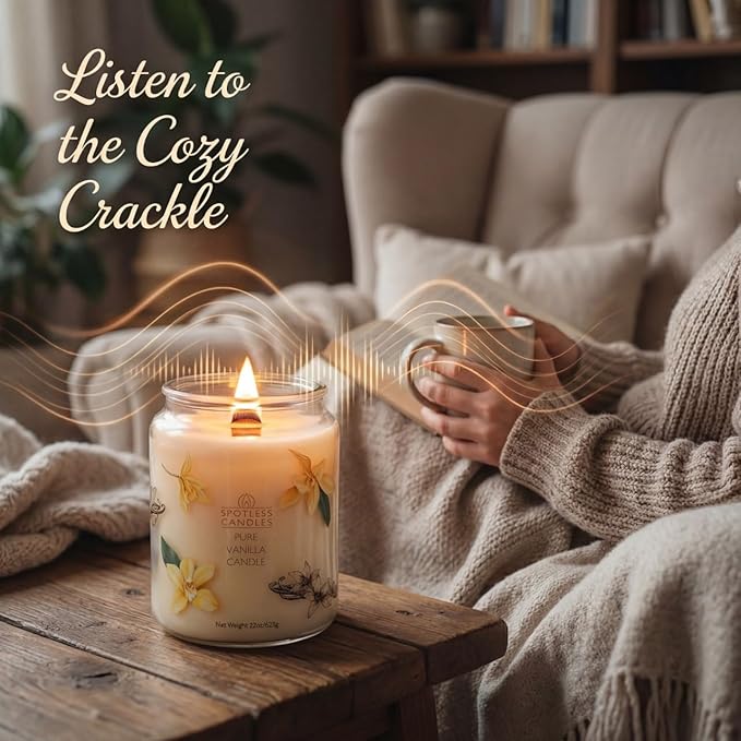Pure Vanilla Scented Candle 22oz – 80-85 Hour Burn Time, Wooden Wick, Large Glass Jar with Lid, Warm Cozy Fragrance for Home Relaxation & Gift by Spotless Leopard