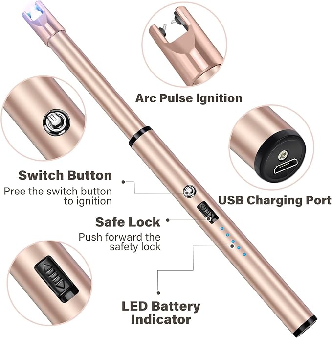 Navpeak Electric Candle Lighter Windproof USB Rechargeable Flameless Long Neck Lighter for Candles Gas Stove Fireplace BBQ Kitchen Grills (Rose Gold)