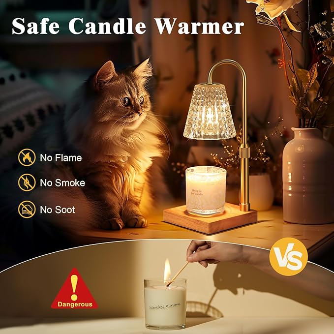 Hong-in Crystal Adjustable Height Candle Warmer Lamp with Timer Dimmer,Birthday Gifts for Women Mom Sister,House Warming Gifts New Home Room Decor,Vintage Wax Warmer for Scented Wax Jar Candles