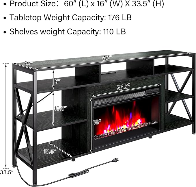 TC-HOMENY 60" TV Stand with 27.5" Electric Fireplace, TV Console with Power Strip for TVs Up to 70", Entertainment Center Storage Cabinet and LED Strip Lights with Remote Control Living Room Black