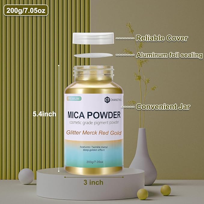 Mica Powder,7.05OZ（200g）,Glitter Merck Red Gold Mica Powder Pigment for Epoxy Resin，Lip Gloss，Car Paint，Dye，Soap Making，Nail Polish,Epoxy Resin,Candle Making,Bath Bombs