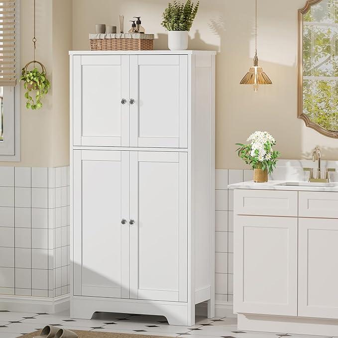 TEENFON Bathroom Floor Storage Cabinet, Freestanding Bathroom Storage Unit with 2 Adjustable Shelves & 4 Doors, White