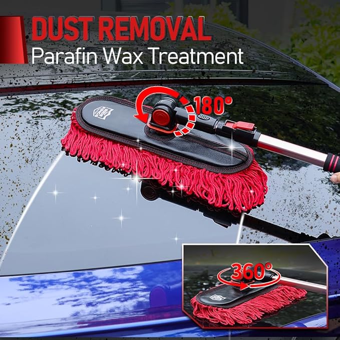 Car Duster with Telescopic Handle for Exterior Scratch-Free Cleaning, Auto Dust Remover Set with Small Brush for Dashboard & Interior Detailing