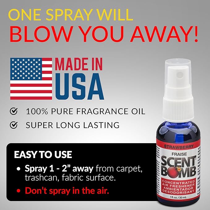 Scent Bomb Air Freshener Spray, Long-Lasting Odor Eliminator - Effective Deodorizer for Home & Car, Fresh Room Spray for Kitchen, Bathroom & Smell Neutralizer - 1 oz Pack of 4, Strawberry Scent