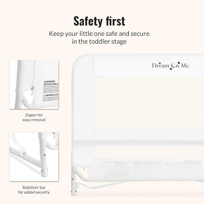 Dream On Me Lightweight Mesh Security Adjustable Bed Rail for Toddler, Breathable Mesh Fabric, Suitable for All Types Of Beds, Reinforced Anchor System Bed Guard Rail, White