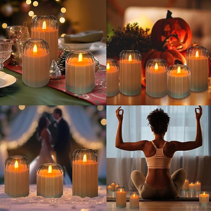 Rechargeable Flameless Candle, Flashing LED Pillar Real Wax Candle with Remote Control and Timer, Green Pumpkin Glass Electronic Candles for Room Decoration, 1 Set of 3