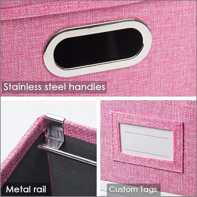 PRANDOM File Organizer Box - Set of 4 Collapsible Decorative Linen Filing Storage Hanging File Folders with Lids Office Cabinet Letter Size Pink (14x9.3x10.8 inch)