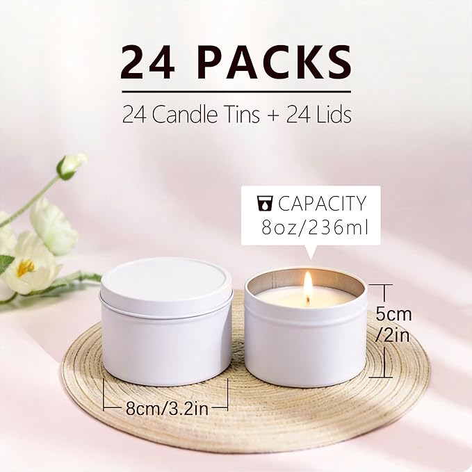 Aroparc Candle Tins 8oz, 24 Piece Bulk Containers for Candle Making Supplies Candle Jars with Concave Lids - White