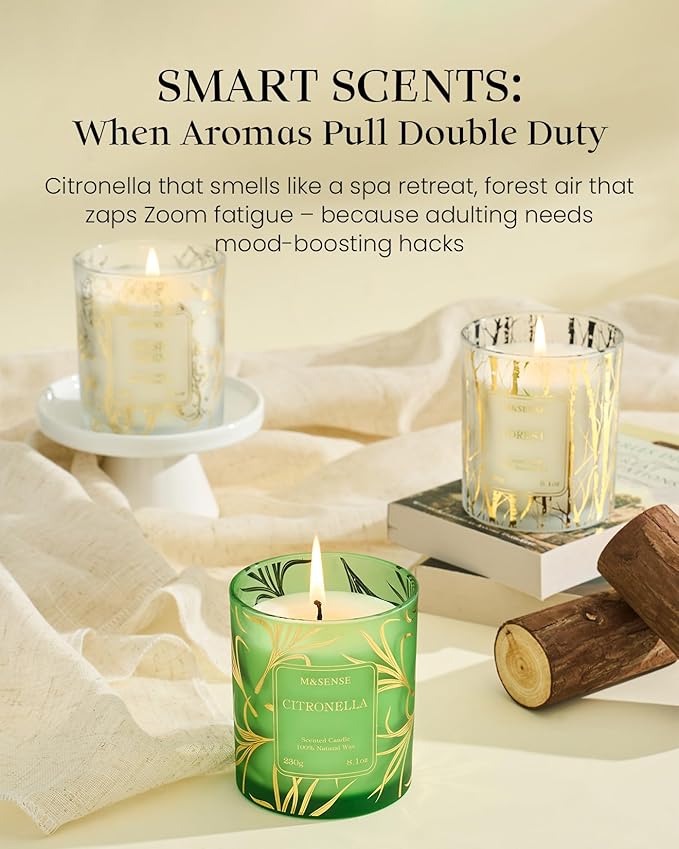 M&SENSE Citronella Candles Outdoor, 42 Hours Burn Natural Citronella Oil Soy Candle for Patio Camping, 8.1oz Long Lasting Lemongrass Summer Candles for Indoor Home Scented