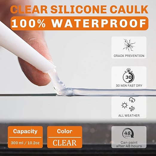 WELLUCK Clear Silicone Caulk, 100% Waterproof Silicone Sealant Adhesive Caulking,for RV, Kitchen,Bathroom, Window, Door, Glass,10.2FL.OZ/300ML (1Pack)