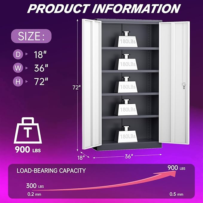 Superday Metal Storage Cabinets, 72" Storage Cabinet with Locking Door, Tall Garage Cabinet with 2 Doors and 4 Adjustable Shelves for Home Office, Classroom, Easy Assemble(White Grey)